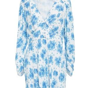 RIXO White and Sky Blue Floral Long Sleeve Midi Dress